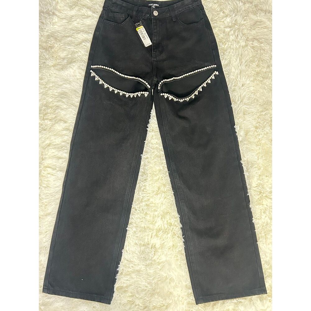 NWT Steve Madden Taylor rhinestone cutout black wide leg jeans size 27